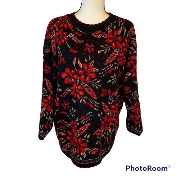 VNT Vintage Dana Scott Poinsettia Womens Large Christmas Sweater Oversized Retro - Picture 2 of 9